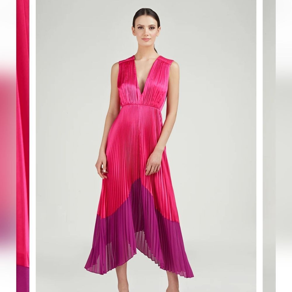 AMUR Pink and Magenta Pleated High-Low Dress